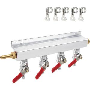 Roastove 4-Way Gas Manifold CO2 Distributor Manifold 5/16 inch Barb/Stem Splitter Beer Integrated Check Valves Homebrew Beer Making Brewing Tool-CO2 gas input at LEFT side+5CLAMPS