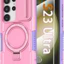 Magnetic Case for Samsung Galaxy S23 Ultra, with Ring Stand [Screen Protector] [Compatible with MagSafe] Military Grade Case with Camera Cover, Heavy Duty Shockproof Cover for Samsung S23 Ultra, Pink (Mag Pink)