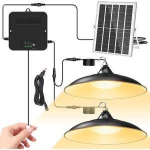Solar Shed Light Indoor Outdoor, Dual Lamp Warm White Daytime Available Pendant Light with Pull String, Dusk to Dawn, 3 Lighting Modes Solar Lights Indoor, Waterproof for Barn, Gazebo, Shop