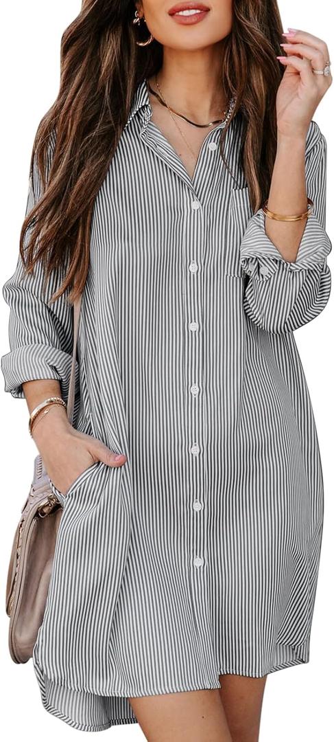 Aoudery Womens Button Down Shirt Dresses with Pockets Striped Cotton Shirts Collared Long Sleeve High Low Blouse Tops (Gray, L)