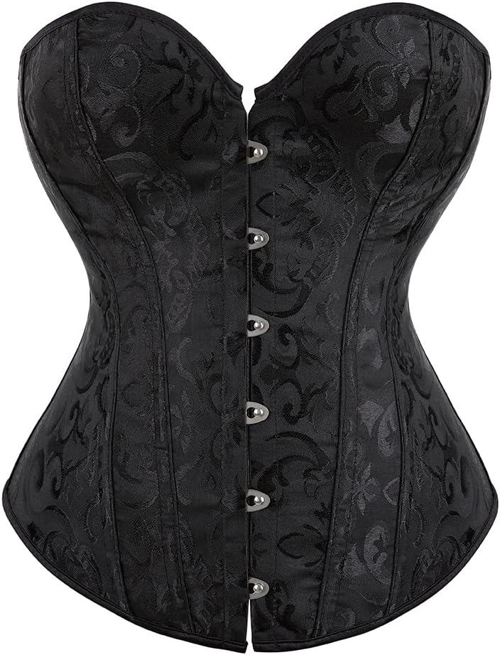 Women's Sexy Satin Corset-Bustier Floral Print Boned Overbust Corset Top Black Satin Waist Cincher (Medium)