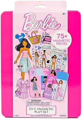 Barbie D.I.Y. Magnetic Play Set, 75 Pieces, 3 Magnetic Dolls, Crafts for Kids Ages 4-8, 4 Year Old Girl Birthday Gifts, Girl Toys, Cute Travel Toy, Fun Airplane Activities, Pretend Play for Girls