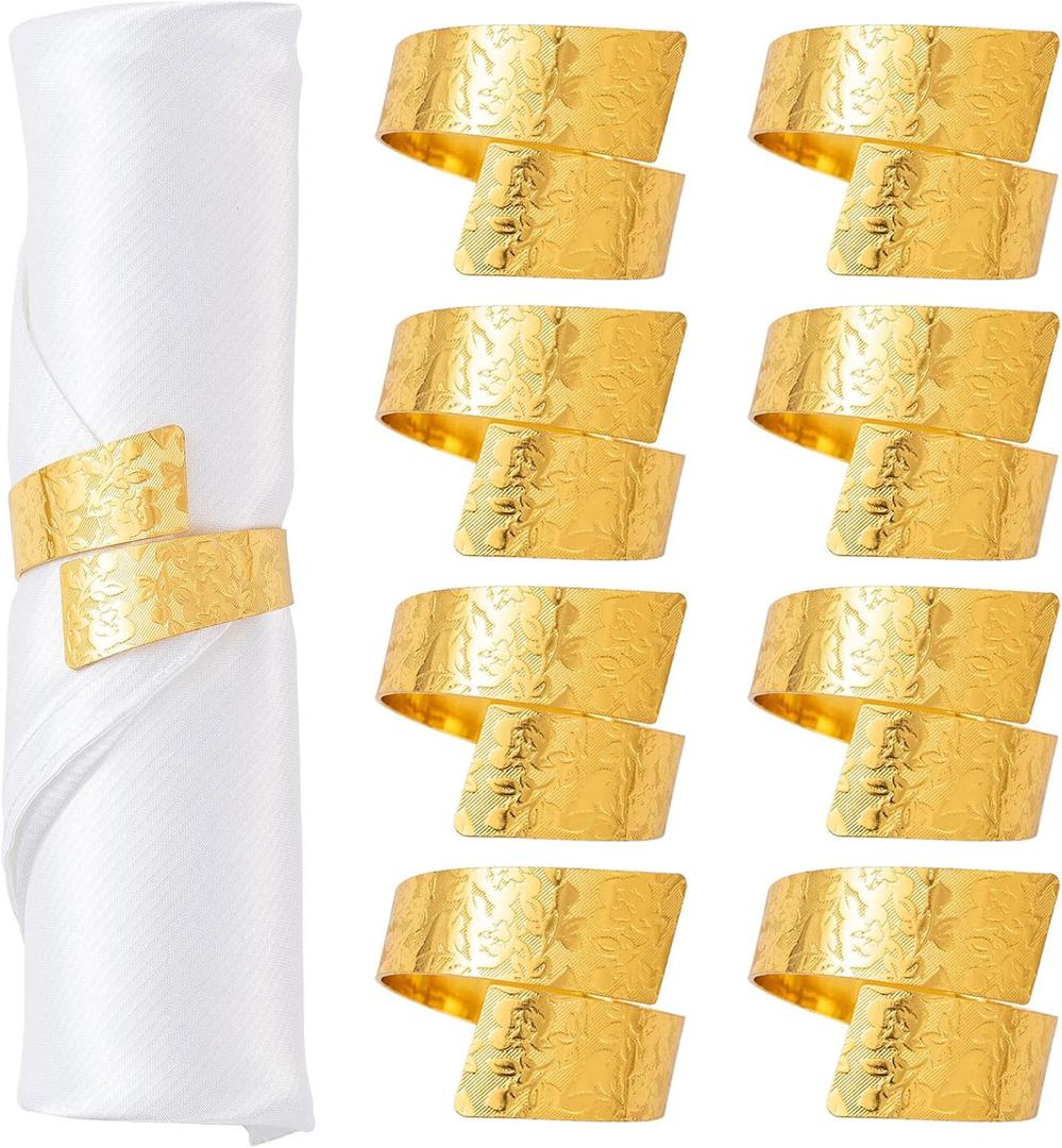 Gold Napkin Rings Set of 8, Metal Rose Pattern Napkin Ring