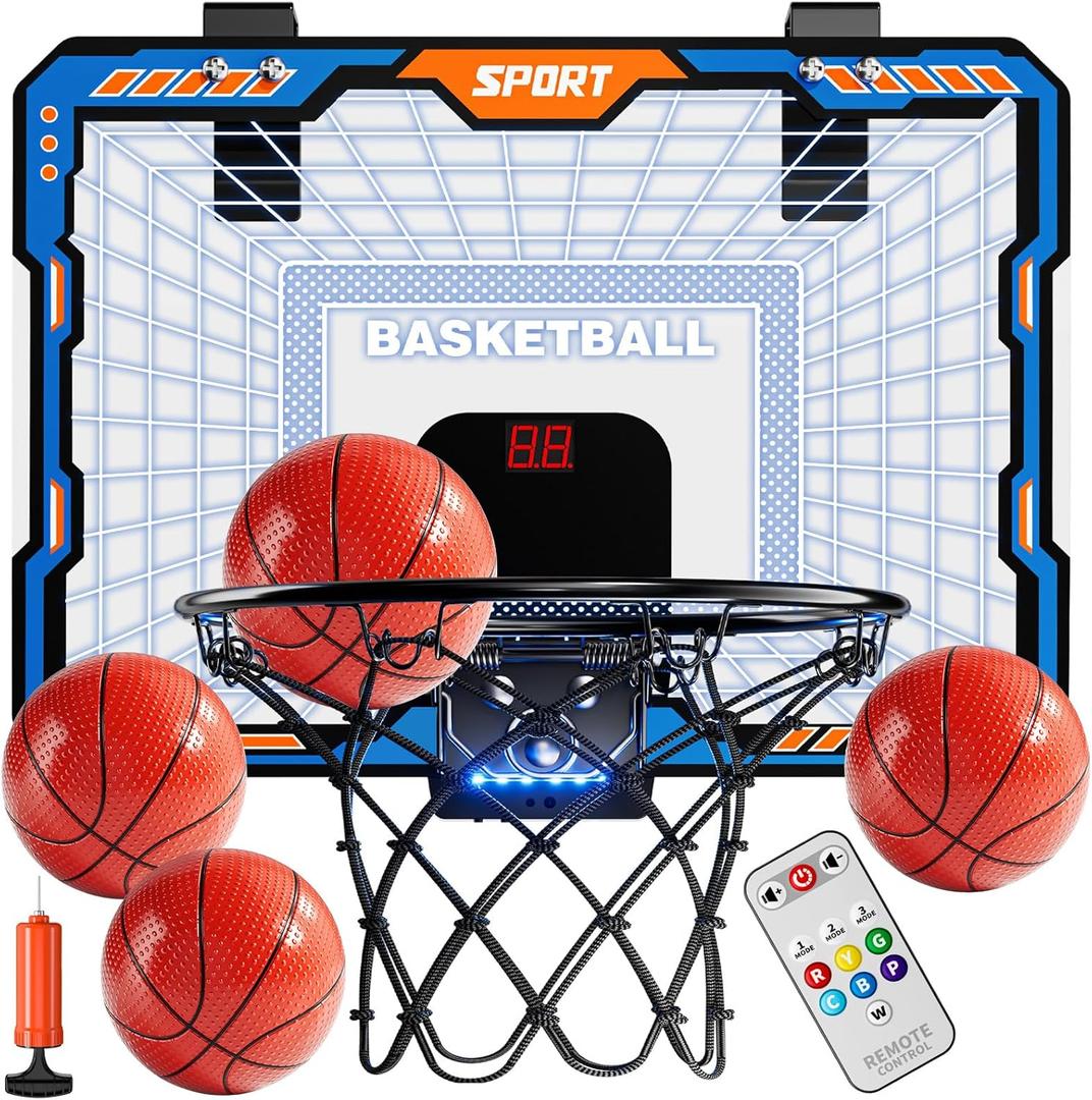 TEMI Remote Controller Indoor Basketball Hoop, 7 LED Light Door Basketball Hoop, Mini Hoop with Scoreboard & 4 Balls,Basketball Toys Gifts for 3 4 5 6 7 8 9 10 11 12 Year Old Boys Girls Kids Teen