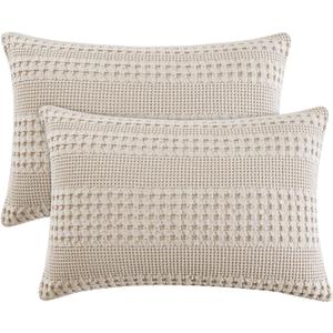 PHF 100% Cotton Waffle Pillow Shams Queen Size, 2 Pack 20" x 30" Soft Skin-Friendly Pillowcases, No Filling, Aesthetic Woven and Breathable Waffle Weave Pillow Case Covers for Bed, Oatmeal