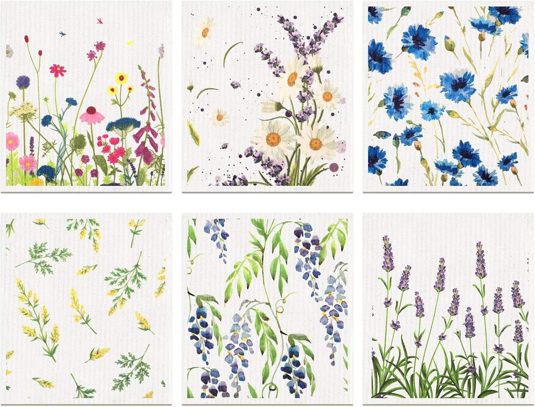 Swedish Kitchen Dish Towels Wildflowers Reusable Sponge Cleaning Cloths Absorbent Quick Drying Washable Cleaning Wipes No Odor Hand Towel (6)