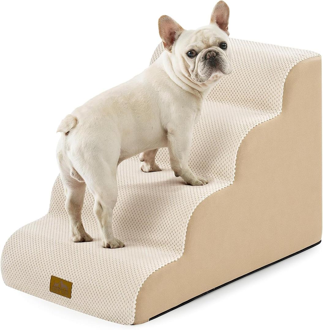Wide Dog Stairs for Small Dog 19.7" H, Pet Step for Puppy, Older Cat, Curved Ramp for High Bed or Car, Stairs with High Density Foam, Lightweight, Durable, 4 Step, 17.7x28x19.7 inch, Beige