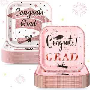 FoldTier 100 Pcs Rose Gold 2026 Graduation Party Plates 7 x 7 in Congrats Grad Dessert Paper Plates Class of 2026 Disposable Square Cake Decorative for Graduation Cocktail Party Supplies, approx. 7 x 7 inches