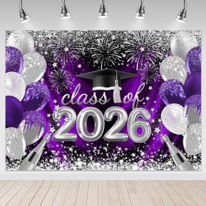 Mocsicka 2026 Purple Graduation Backdrop 10x8ft - Purple Silver Congrats Grad Graduate Party Decorations Background, Class of 2026 Photography Backdrops