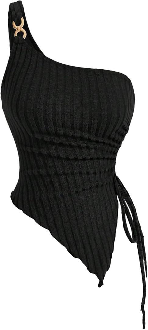 Floerns Women's One Shoulder Sleeveless Knitted Drawstring Asymmetrical Hem Ruched Tube Top (X-Large, Black)