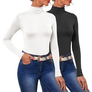 POPZONE 2 Pack Women's Turtleneck Long Sleeve Tops Mock Neck Slim Fit Shirt Basic Soft Lightweight Base Layer Undershirts (Medium, Black, White)
