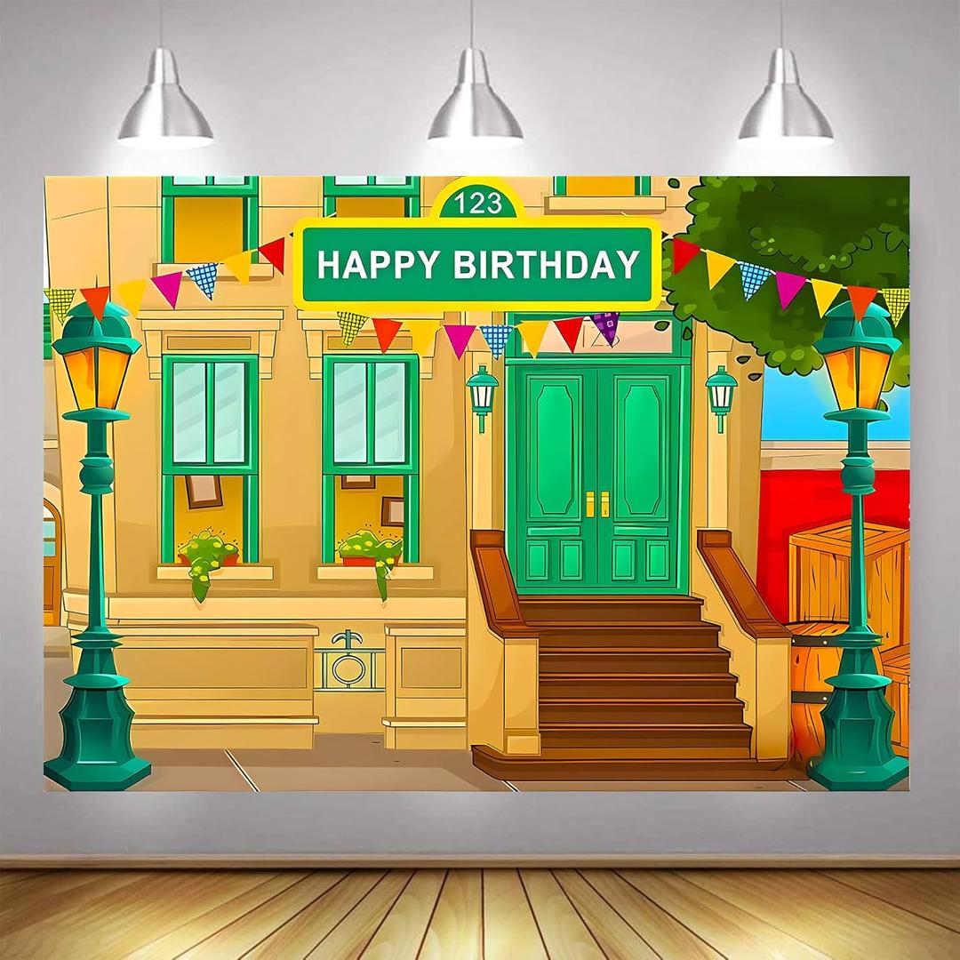 Photography Background Happy Birthday Cartoon Street Theme Brick Wall Children's Baby Party Baby Shower Decoration Banner Props Vinyl 5x3 ft
