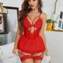 CRIPOM Women's Lingerie Dress Sexy Babydoll Lingerie for Women Hide Fat Belly Corset Bodysuit with Garter Red M