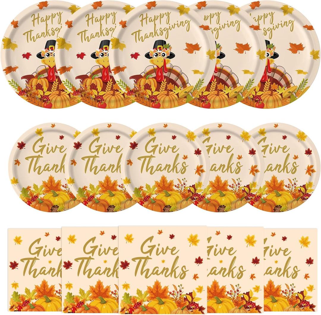 150 Pcs Thanksgiving Plates and Napkins Sets - Happy Thanksgiving Round Tableware, Disposable Fall Turkey Give Thanks Paper Dinner Dessert Plates Dinnerware for Thanks giving Party Supplies, Serve 50