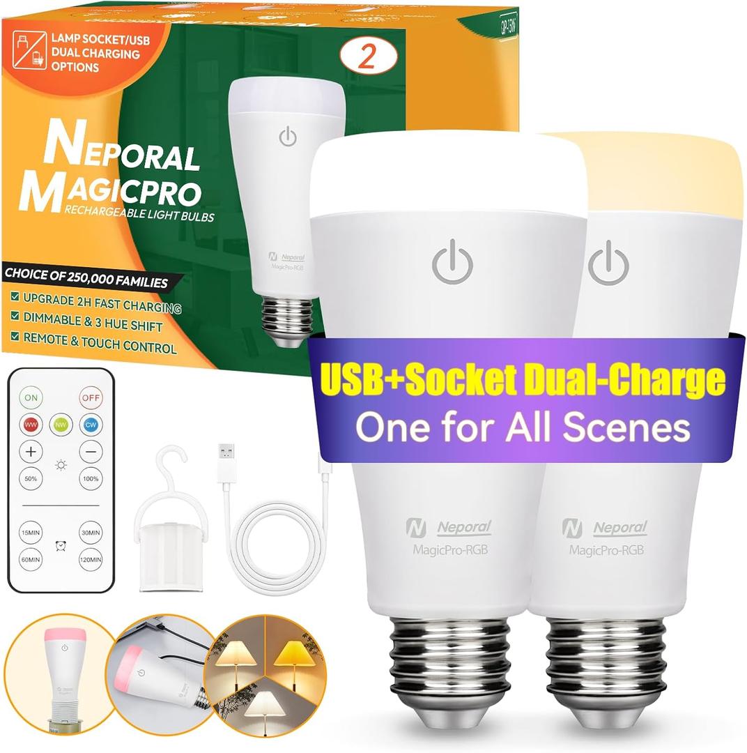 Neporal MAGICPRO Rechargeable Light Bulbs with Remote, USB & Socket Dual Charging, 3 Colors, Dimmable, 2H Fast Charge 450H Runtime, No Wiring for Lamps, Camping, Outages & Emergency Use, 2PK(9W, A19)