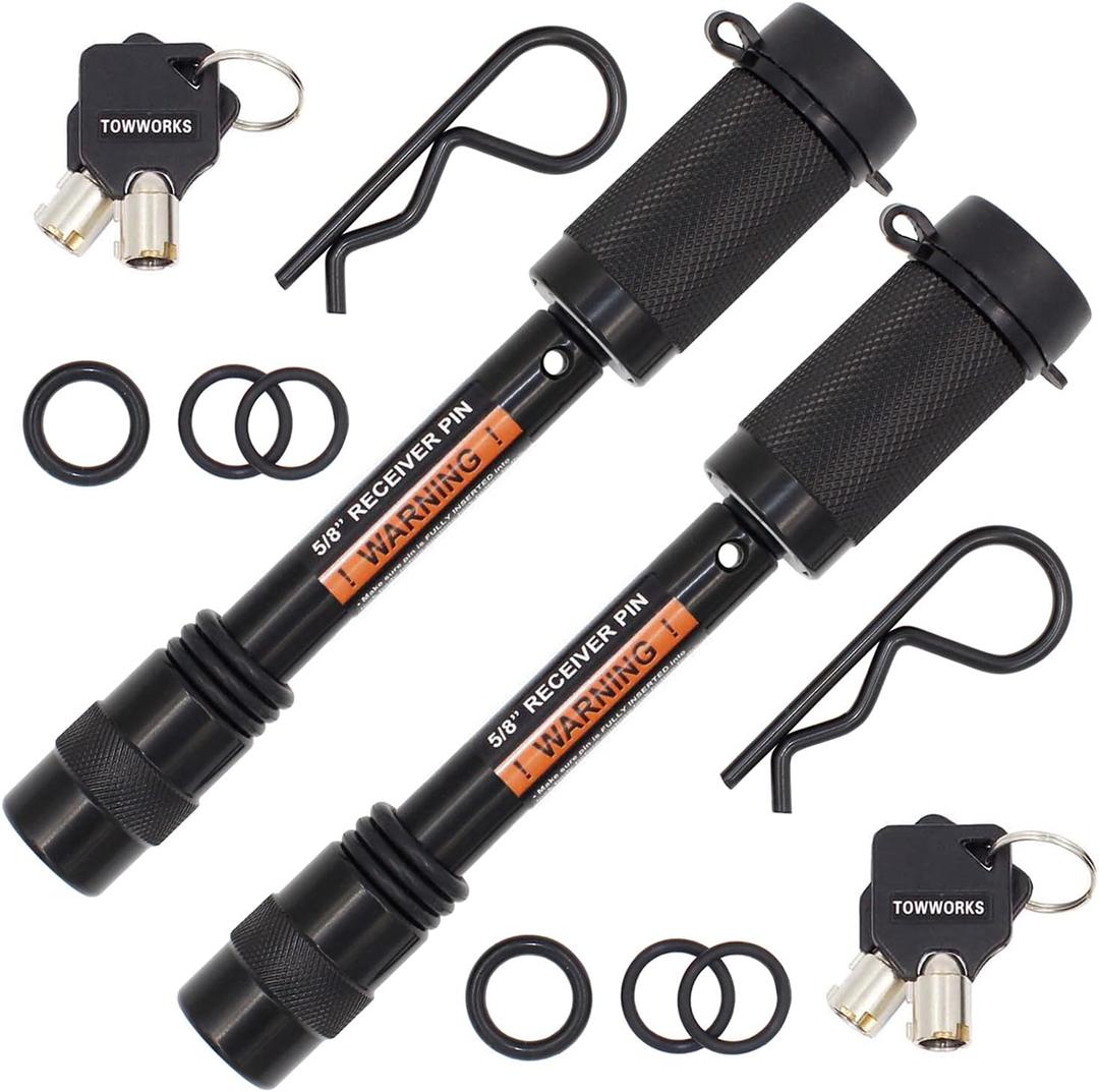 TowWorks 79632 Keyed Alike 5/8" Trailer Hitch Lock Set with Extra Long 3-1/4" Span, Double Safety Tow Hitch Receiver Locking Pin for Class III IV Hitches with 2" and 2.5" Receivers, 2-Pack