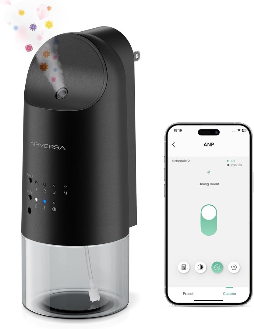 Airversa Smart Waterless Diffuser Plug in Wall for Essential Oils, 160mL, App Control Scent Diffuser with Buttons, Up to 800 sq ft, Oil Diffuser for Home, Room, Spa, Office, Studio, ANP Black