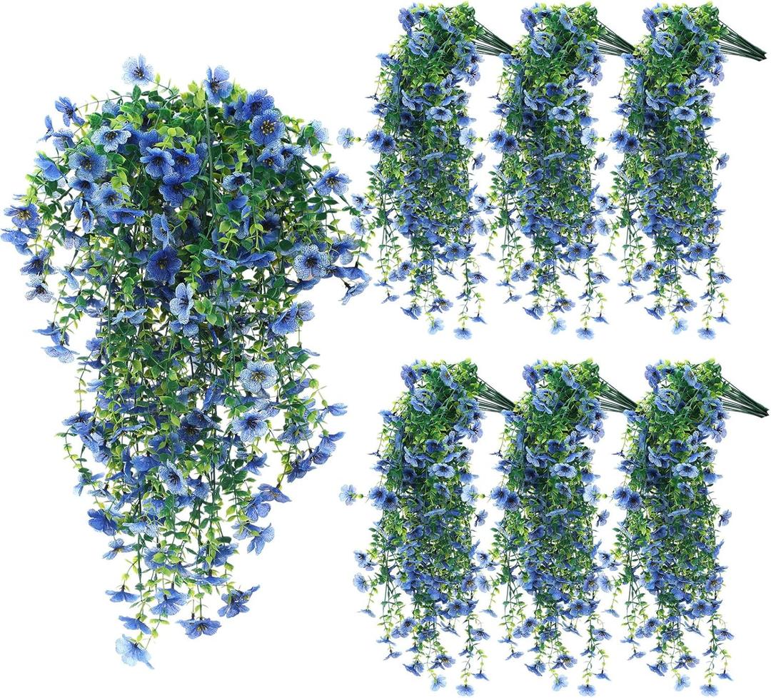 6 Pcs Spring Artificial Hanging Flowers Outdoor Faux Silk Mum Plant Decor Violet with Eucalyptus Realistic UV Resistant Trailing Vine Spring Porch Yard(Light Blue,Violet)