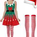 Hillban 3 Pcs Christmas Elf Costume Set Women Short Sleeve Christmas Dress Thigh High Socks Santa Hat (Medium)