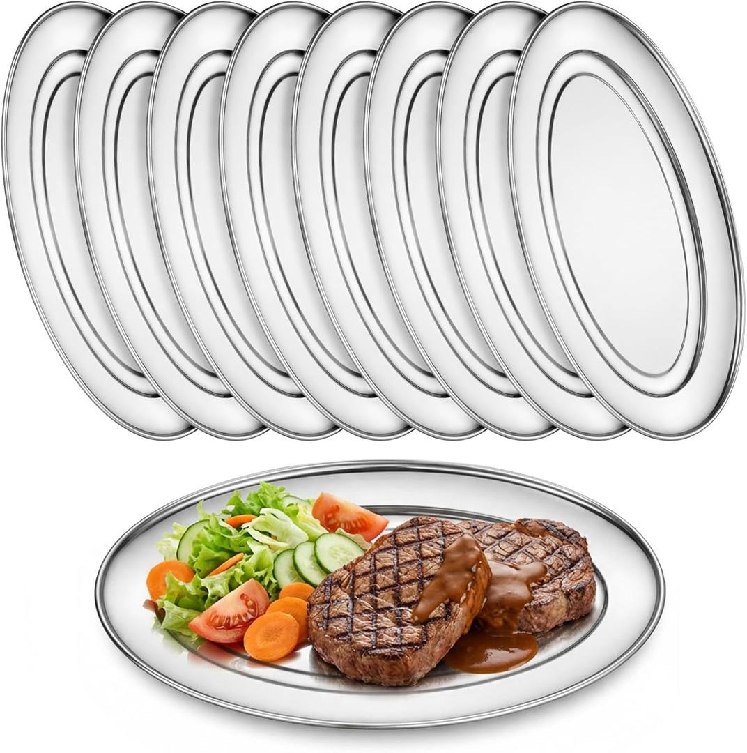 8 Pack Stainless Steel Oval Platter, Sturdy Oval Food Serving Trays Decorative Mirror Polish Silver Serving Platter for Meat Sushi Steaming Fish Dessert Appetizer,13.3" x 8.07"