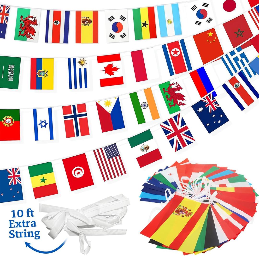 100 Countries String Flag Banner Set- 82Ft International World Flags Bunting Durable Mini Polyester Flags for Party Decorations, Classroom, Sports Events, Olympics, World Cup & Cultural Festival Decor