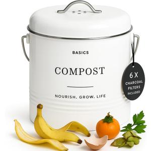 D'Lifeful Kitchen Compost Bin  1.3 Gallon Countertop Farmhouse Compost Container with Lid  Odorless Indoor Food Scrap Pail with 6 Charcoal Filters  Eco-Conscious and Easy to Clean - White