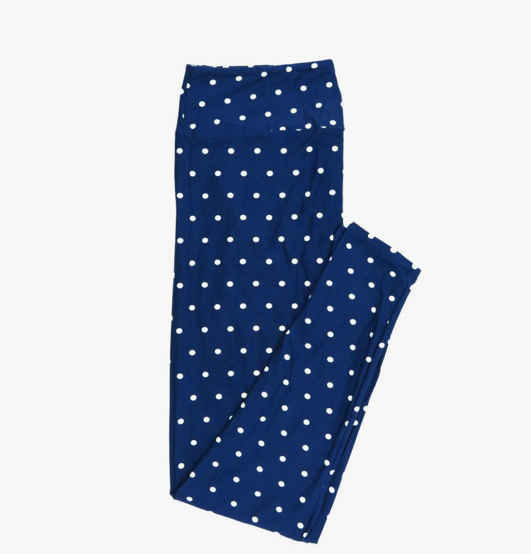 Lularoe Tall Curvy (TC fits Sizes 12-18) Blue White Polka Dot Buttery Soft Adult Leggings 7510-A20, Pack Of 2
