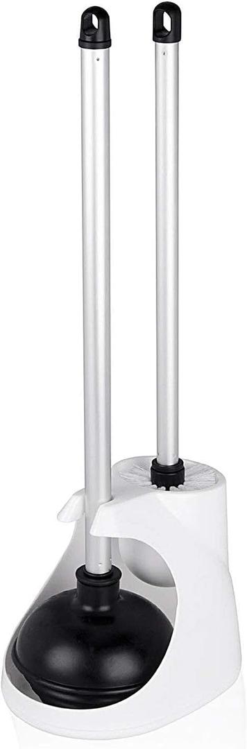 NEIKO 60167A Toilet Plunger with Holder for Brush and Bathroom Plunger Set, Clean Aluminum Handle, White Plunger Caddy, Toilet Brush Set for Cleaning Toilet Bowl