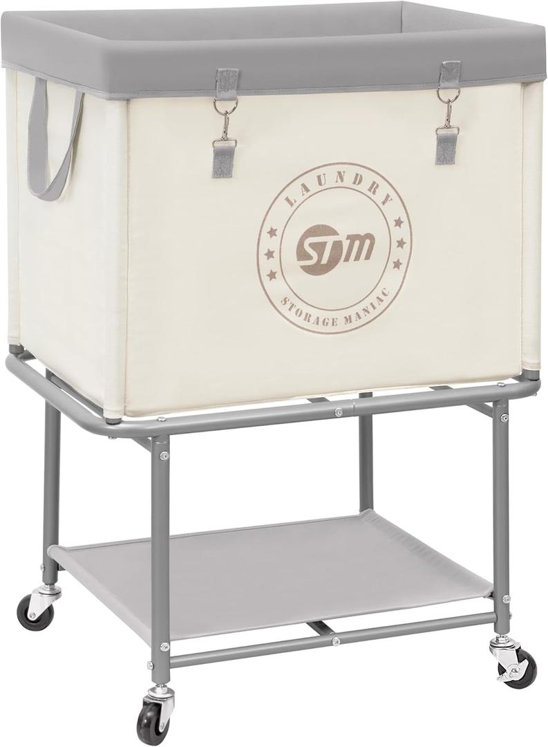 STORAGE MANIAC Rolling Laundry Cart with Storage Shelf, Heavy Duty Industrial Laundry Basket with Wheels, Commercial Metal Frame Clothes Hamper with Canvas Bag for Dorm, Closet, Bedroom, Beige
