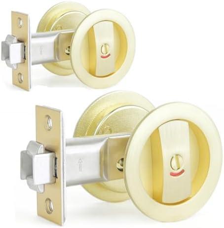 Dontay 2 Pack Pocket Door Lock, Color Coded Indicators, Privacy (Bed/Bath) Handles Latch, 2-3/8" Backset, Hardware for 1 3/8” to 2 3/16” Thickness Door (Excluding Edge Pull, Satin Brass, Round)