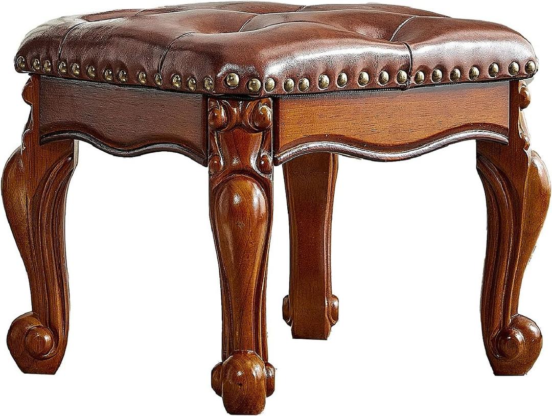 Footstool and Ottomans Small Foot Stool with Fiber Leather Wooden Foot Rest Upholstered Footrest for Living Room Bedroom (Red-Brown)
