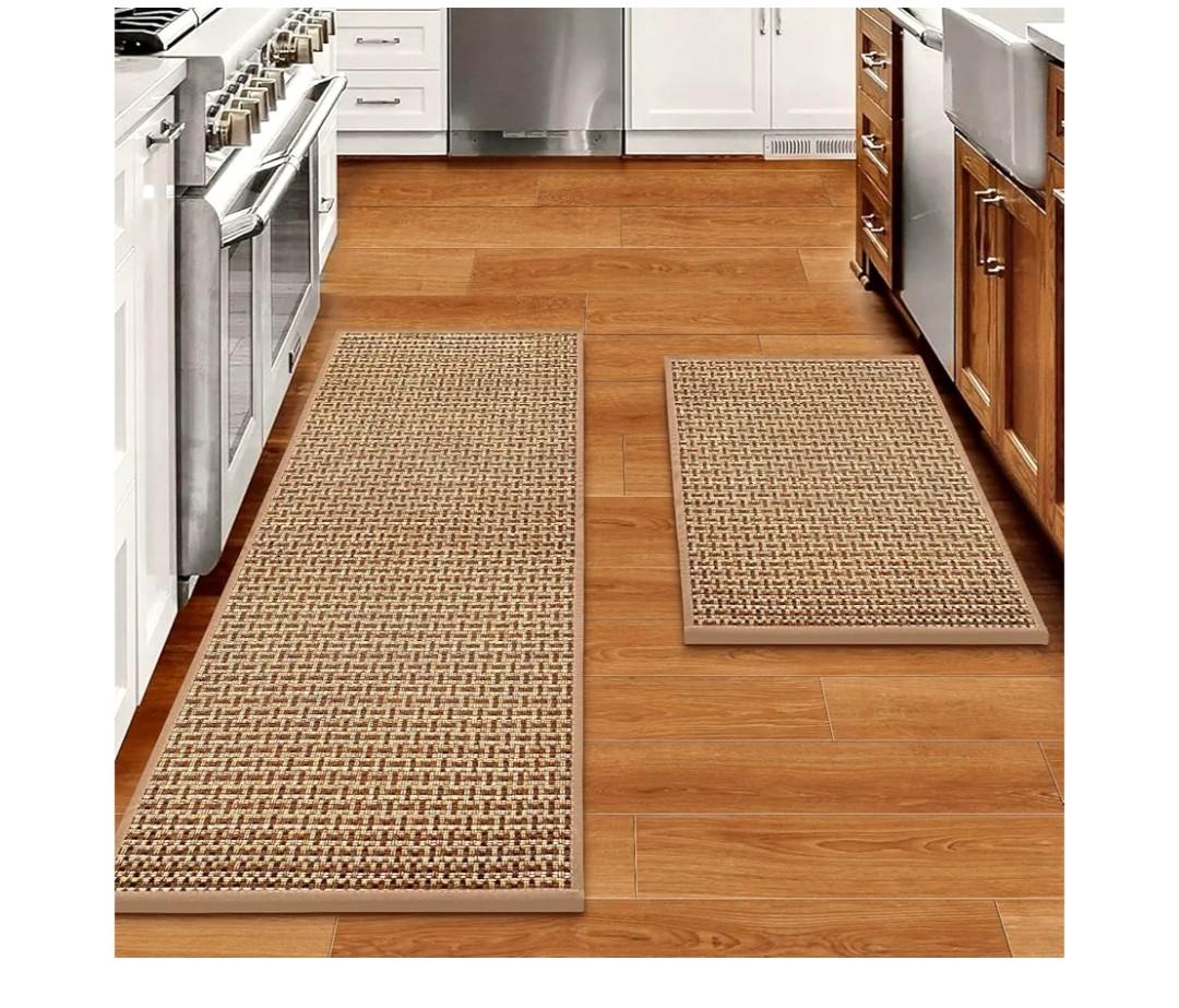 Kitchen Rugs and Mats Non Skid Washable Set of 2 PCS, Absorbent Runner Rugs for Kitchen, Farmhouse Weave Floor Mats in Front of Sink, 17.3"x 47"+17.3"x 29" (Brown)