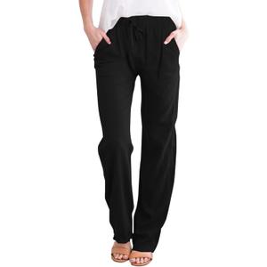 Linen Pants Women Cotton Linen Straight Leg Lightweight Pants Summer Plus Size Women Loose Fit Trousers(M*Black, Small)