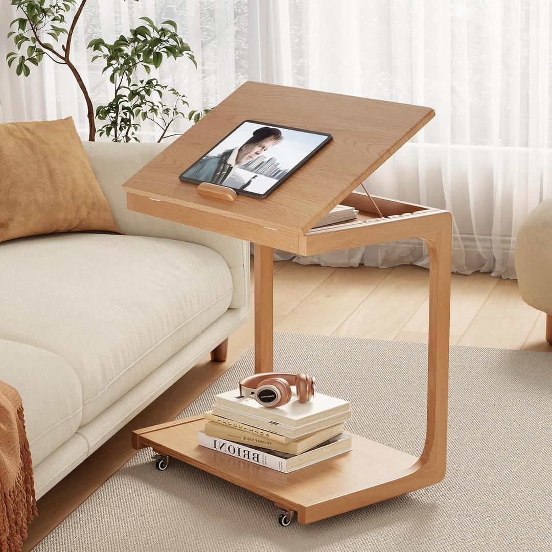 AQIMUELE Wooden C-Shaped End Table,Couch Table with Adjustable Desktop,Small Rolling Side Table with 2 Lockable Wheels 23.6" Width,Small End Table for Couch, Living Room,Bedroom (Natural), 15.6"D x 23.6"W x 24.8"H