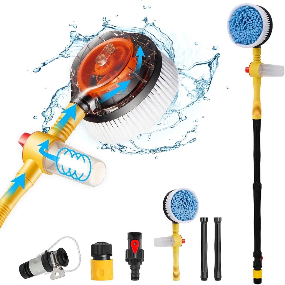 Car Wash Brush with Hose Attachment, 360 Spin Car Wash Brush with Soap Dispenser, Soft Bristle Car Cleaning Brush Mop Scrub Brush, Flow Through Car Washing Brush Kit Long Handle (Yellow)