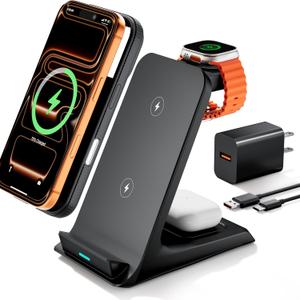 Eazpower Wireless Charger for Thick Cases of 10MM/Otterbox/Heavy Duty, 3 in 1 Charging Dock for iPhone 17 16 15 14 Pro Max, Phone Stand Charging Station for Multiple Devices for Apple Watch/AirPods (Black)