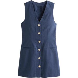 Womens Cotton Linen Vest Mini Dress Casual Button Down Sleeveless V Neck Tops with Pockets (Navy, M) 