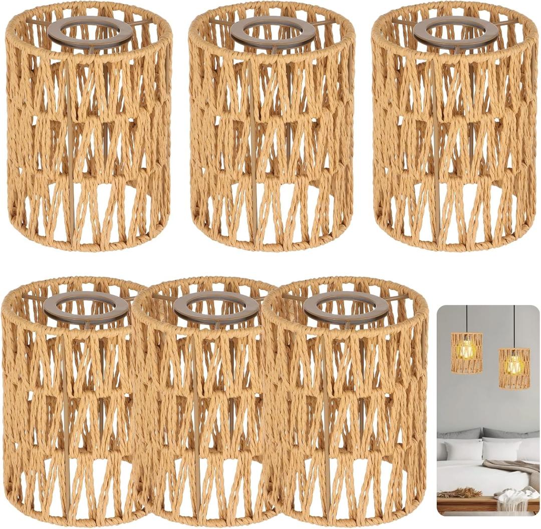 6 PCS Rattan Lamp Shade,Small Wicker Pendant Light Shade - Cylinder Woven Wicker Lampshades Replacement,Paper Rope & Metal Frame,Bohemian Ceiling Hanging Light Shades for Wall Light