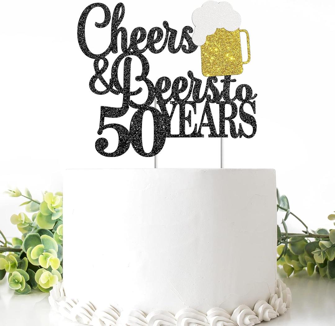 Cheers & Beers to 50 Years Cake Topper Happy 50th Birthday Cake Topper 50th Anniversary Party Supplies Black Glittery