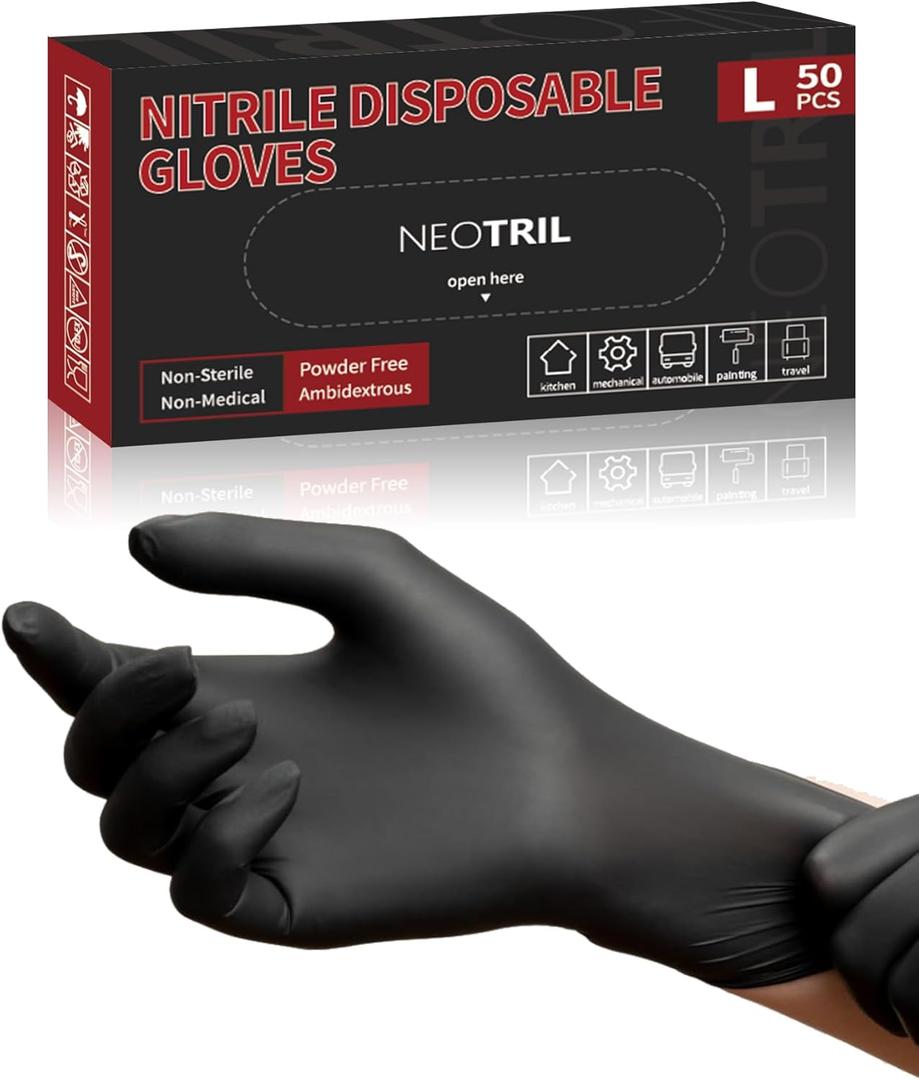NEOTRIL 4-Mil Black Nitrile Disposable Gloves, Latex Free, Powder Free, Textured Grip Rubber Gloves for Household Kitchen (Medium, Black (Pack of 50))