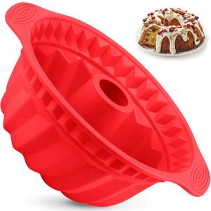 Kenond 9.5 Inch Silicone Cake Pans, Non-stick Fluted Cake Pan with Sturdy Handle, Cake Baking Molds, Perfect Bakeware for Cake, Jello, Gelatin, Bread, Para Gelatinas (Red) (1 Pack)