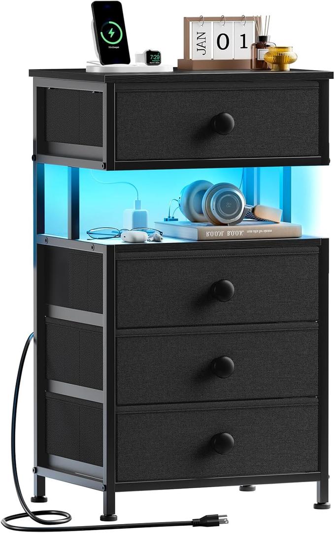 REAHOME Night Stand with Charging Station and LED Light, 4 Fabric Drawers Black Bedside Table with Open Shelf, Modern End Table with Wooden Top for Bedroom, Living Room, Hallway - Black Gery (11.8"D x 15.8"W x 27.6"H (4 Drawers))