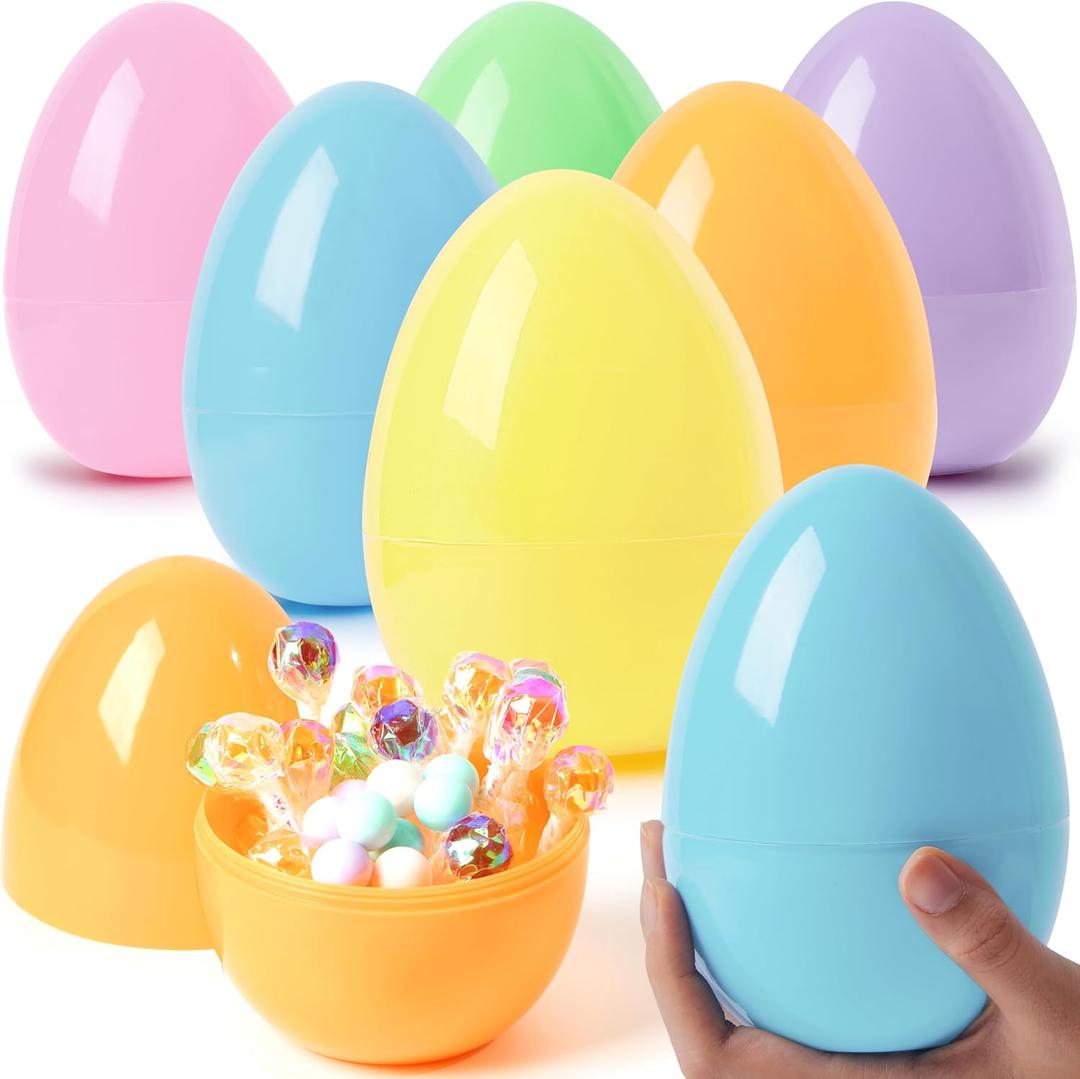 JOYIN 6 Pcs Large Pastel Easter Eggs, 6 Inches Jumbo Plastic Eggs Fillable for Easter Themed Hunt Colorful Basket Stuffers Fillers Filling Treats Party Favor Classroom Prize Supplies