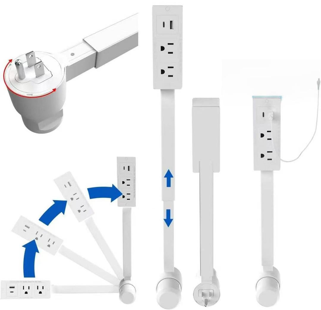 Outlet Extender Features Outlet for Hard-to-Reach Spaces, Sofas, etc. 2 AC Outlets, USB-C Ports, USB-A Ports. Extending 21''-28''，Suitable for Placement Behind Bedside Tables, desks, Sofas, etc.