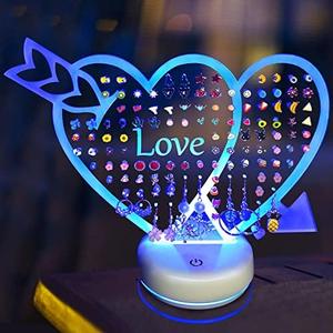 OAOLEER LED Earring Organizer,128 Holes Light Heart Stud Earrings Holder Stand,Acrylic Clear Earring Storage Board,Girls Jewelry Dressing Table Earring Studs Display Rack (Heart)