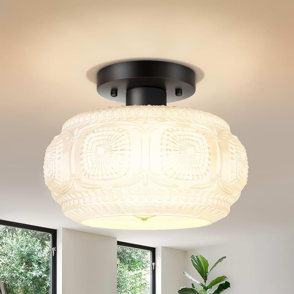 Semi Flush Mount Ceiling Light, Milk Glass Shade Modern Ceiling Light Fixture, Vintage Black Lighting for Hallway Bedroom Entryway Kitchen Porch