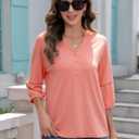 3/4 Length Sleeve Womens Tops Dressy Casual Blouses for Women 2025 Henley V Neck Shirts Loose Fit Tunic Tops (Pink, M)