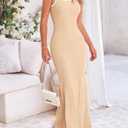 PRETTYGARDEN Spring Dresses for Women 2025 Summer Resort Wear Sexy Bodycon Sundress Spaghetti Strap Vacation Maxi Dress (Beige, L)