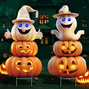 2Pcs 4.0FT Ghost Halloween Decorations Plastic Yard Signs with Stakes,Spooky Halloween Pumpkin Decorations Outdoor, Scary Silhouette Glow in Dark Eyes for Outdoor Yard Lawn Garden