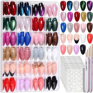 FANDAMEI Press on Nails Almond, 24 Colors 576PCS Short Press on Nails, Cat Eye Nails Short Almond, Glossy Glitter Nails Press On French Tip, Natural Fit Lightweight Fake Nails for Christmas Nail Art